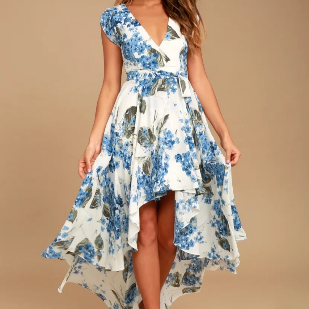 French Countryside White Floral Print High-Low Dress NWOT